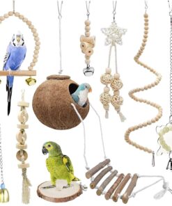 9-Piece Parrots Chewing Toy Set - Natural Wood & Rope Bungee Toys for Anchovies, Coconut Hideaway with Ladder, Bird Perch Stand, Cage Accessories for Parakeets, Cockatiel, Conure, Mynah, Macaw