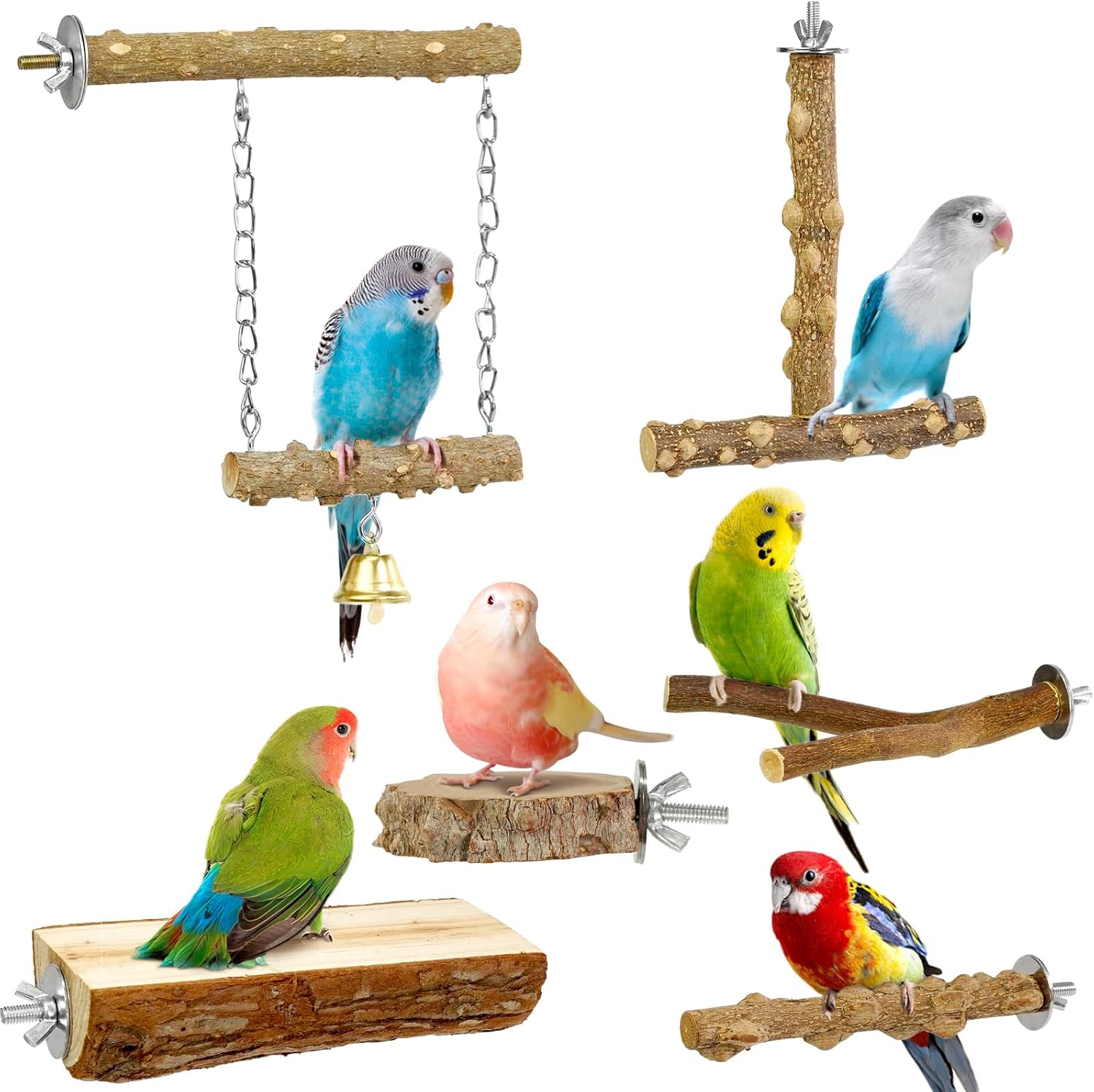 HPAWHOMEPART Bird Perches, 6pcs Natural Wood Birds Stand Branch, Bird Perch Chewing Stick Cage Accessories Parrot Climbing Standing Branches Paw Grinding Fork Sets for Parakeet Lovebirds Cockatiels