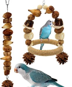 2Pcs Natural Bird Chew Toys, Wood Parakeet Swing Toys with Sisal Wrap for Claw Grinding, Hanging Safe Chew Toys for Parrot Beak Care, Multi-Play Design Cockatiel Toys for Budgie Conure Keeps Busy
