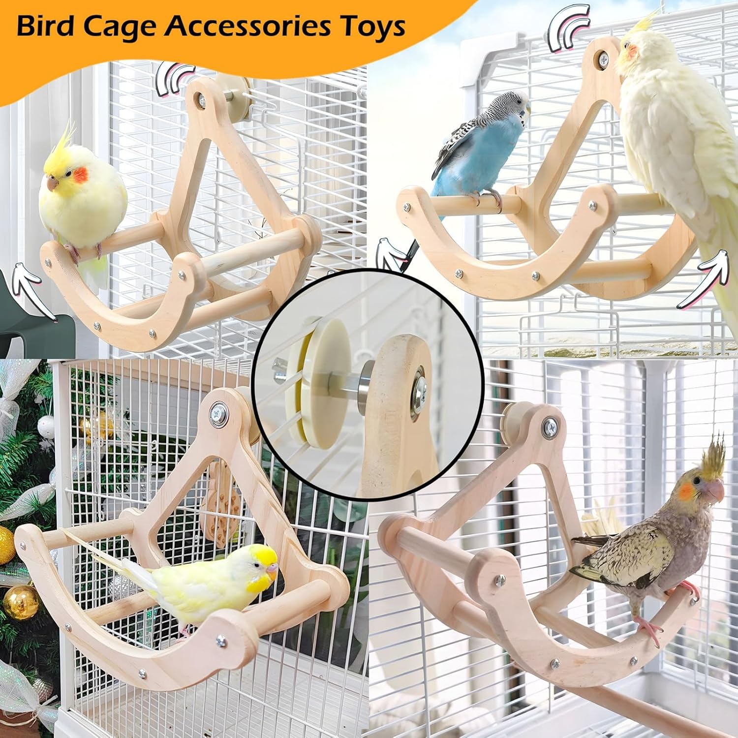 Bird Perch Toy, Interactive Rocking Parakeet Toys and Perches, Wooden Exercise Wheel Cockatiel Toys, Intelligence Puzzle Birds Enrichment Toy for Parrot, Bird Cage Accessories Perch for Budgies Conure - Image 4