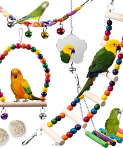 Bird Toys for Parakeets 7Pcs, Wood Parrots Budgie Cage Accessories, Bird Perch Swings for Small Conure Cockatiel Toys, Bird Ladder Swing for Parakeets Climbing 18''