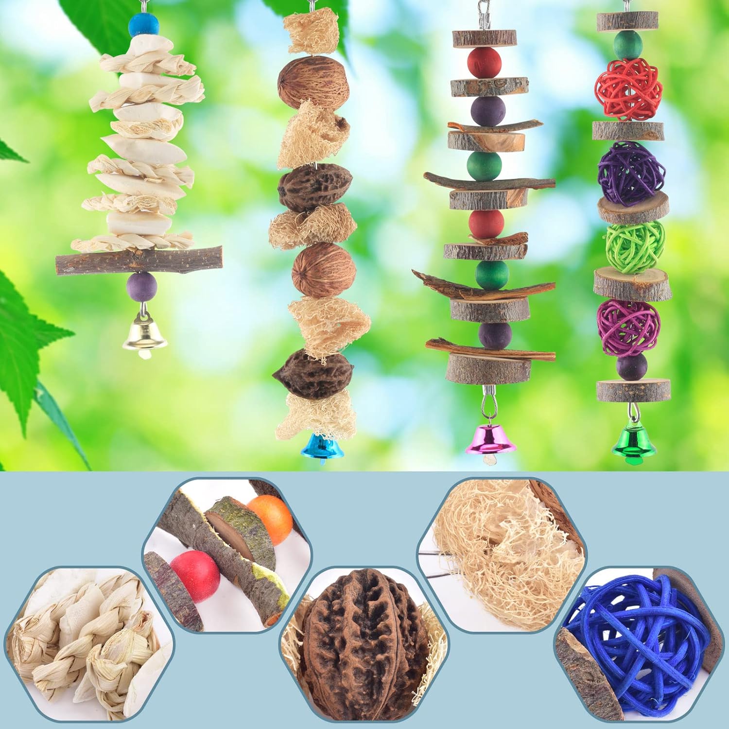 Bissap Bird Chew Toys, 5 Packs Parakeet Natural Wood Toys Parrot Hanging Cage Toy Bird Perch Stand for Small Bird Conure Cockatiel Parrotlet Lovebird Budgie - Image 5