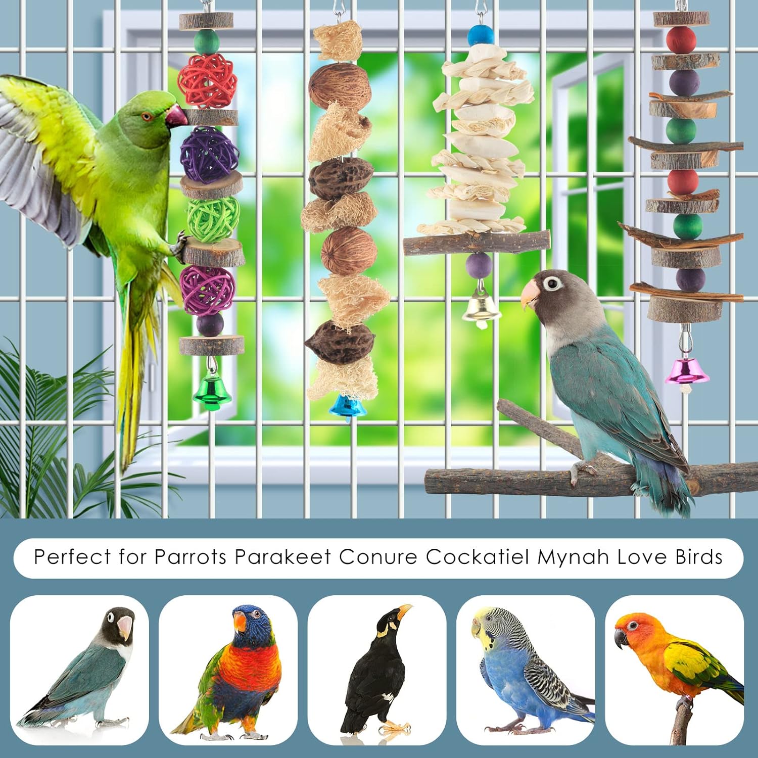 Bissap Bird Chew Toys, 5 Packs Parakeet Natural Wood Toys Parrot Hanging Cage Toy Bird Perch Stand for Small Bird Conure Cockatiel Parrotlet Lovebird Budgie - Image 6