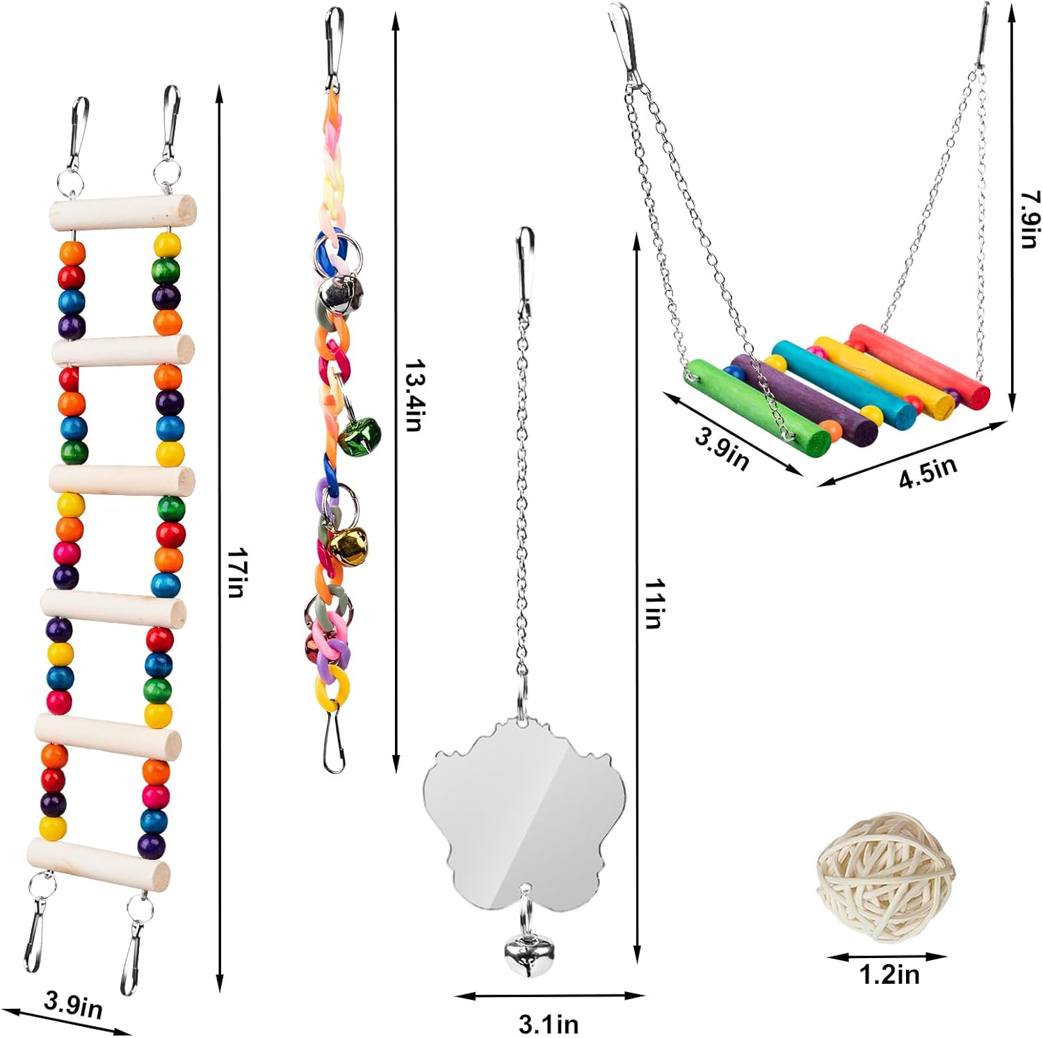 Bird Toys for Parakeets 7Pcs, Wood Parrots Budgie Cage Accessories, Bird Perch Swings for Small Conure Cockatiel Toys, Bird Ladder Swing for Parakeets Climbing 18'' - Image 6