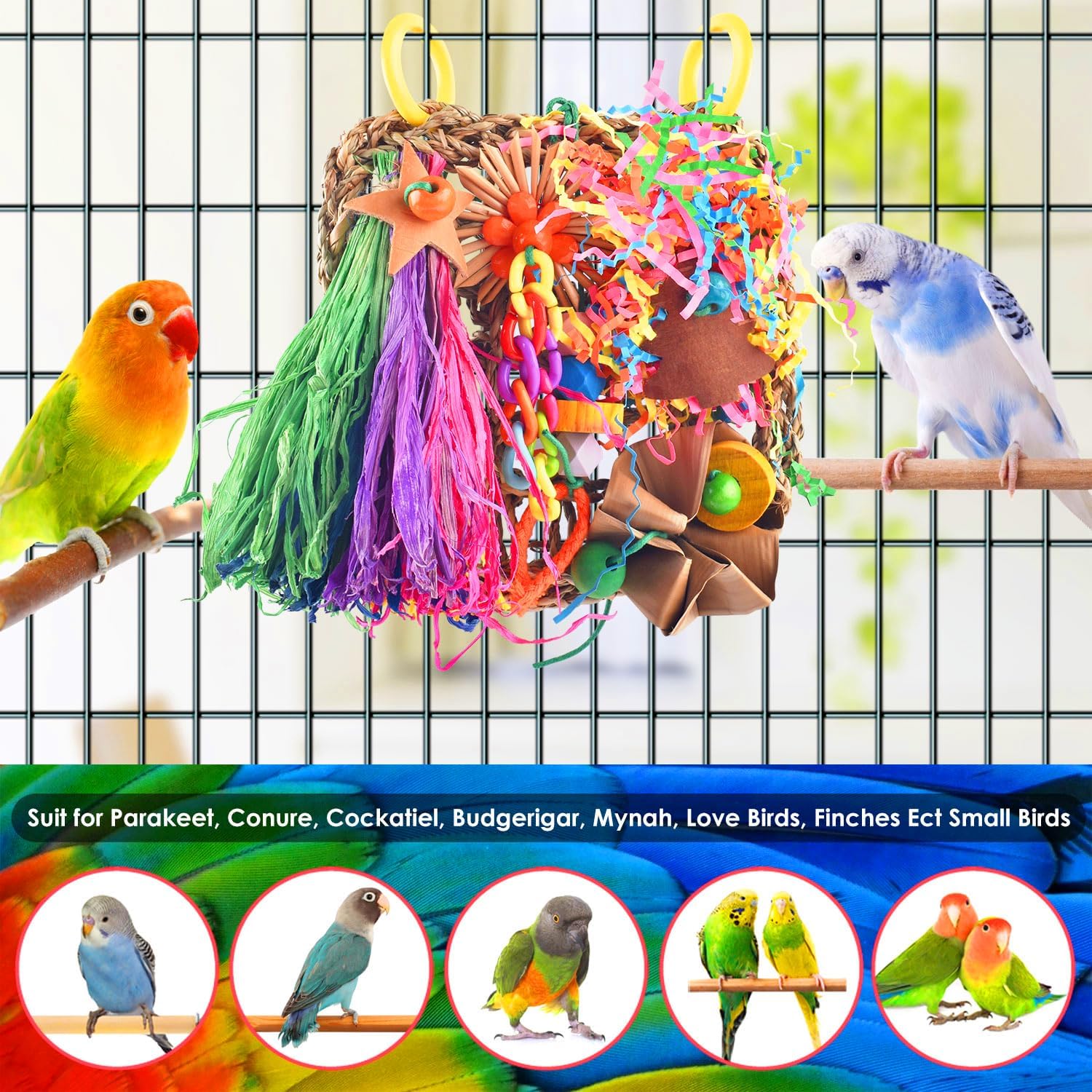 KATUMO Conure Toys, Bird Grass Mat Parakeet Shredder Hanging Toy Cockatiel Foraging Entertainments Parrot Climbing Wall Chewy Lovebird Cage Playthings for Small to Medium Birds - Image 5