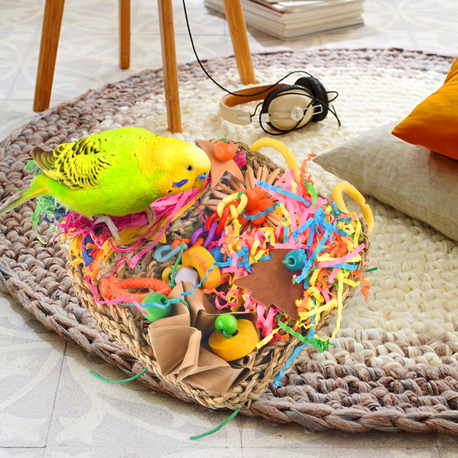 KATUMO Conure Toys, Bird Grass Mat Parakeet Shredder Hanging Toy Cockatiel Foraging Entertainments Parrot Climbing Wall Chewy Lovebird Cage Playthings for Small to Medium Birds - Image 7