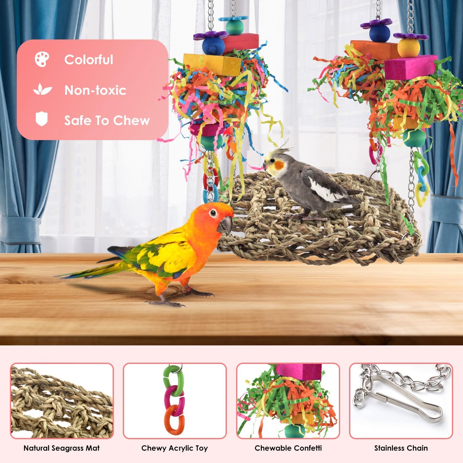 KATUMO Conure Toys, Bird Grass Swing Mat Parrot Climbing Hammock with Colorful Toys for Parakeet, Cockatiel, Sun Conure, Lovebird, Budgie, Small Birds - Image 2