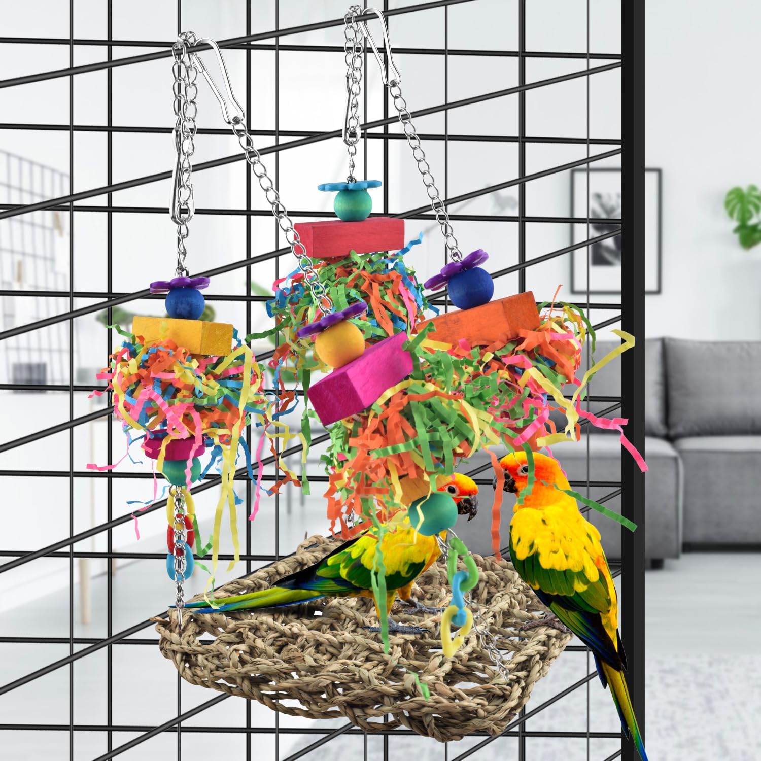 KATUMO Conure Toys, Bird Grass Swing Mat Parrot Climbing Hammock with Colorful Toys for Parakeet, Cockatiel, Sun Conure, Lovebird, Budgie, Small Birds - Image 4