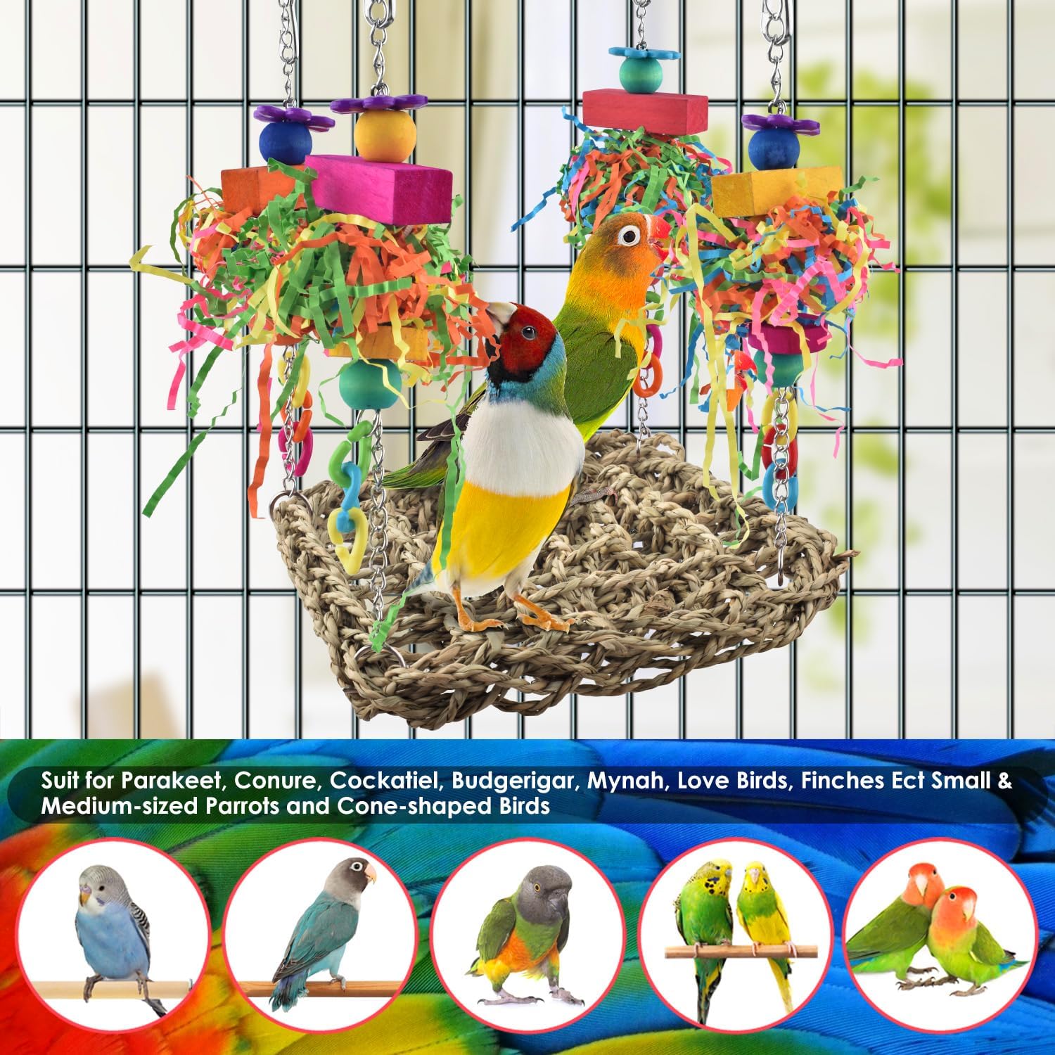 KATUMO Conure Toys, Bird Grass Swing Mat Parrot Climbing Hammock with Colorful Toys for Parakeet, Cockatiel, Sun Conure, Lovebird, Budgie, Small Birds - Image 5