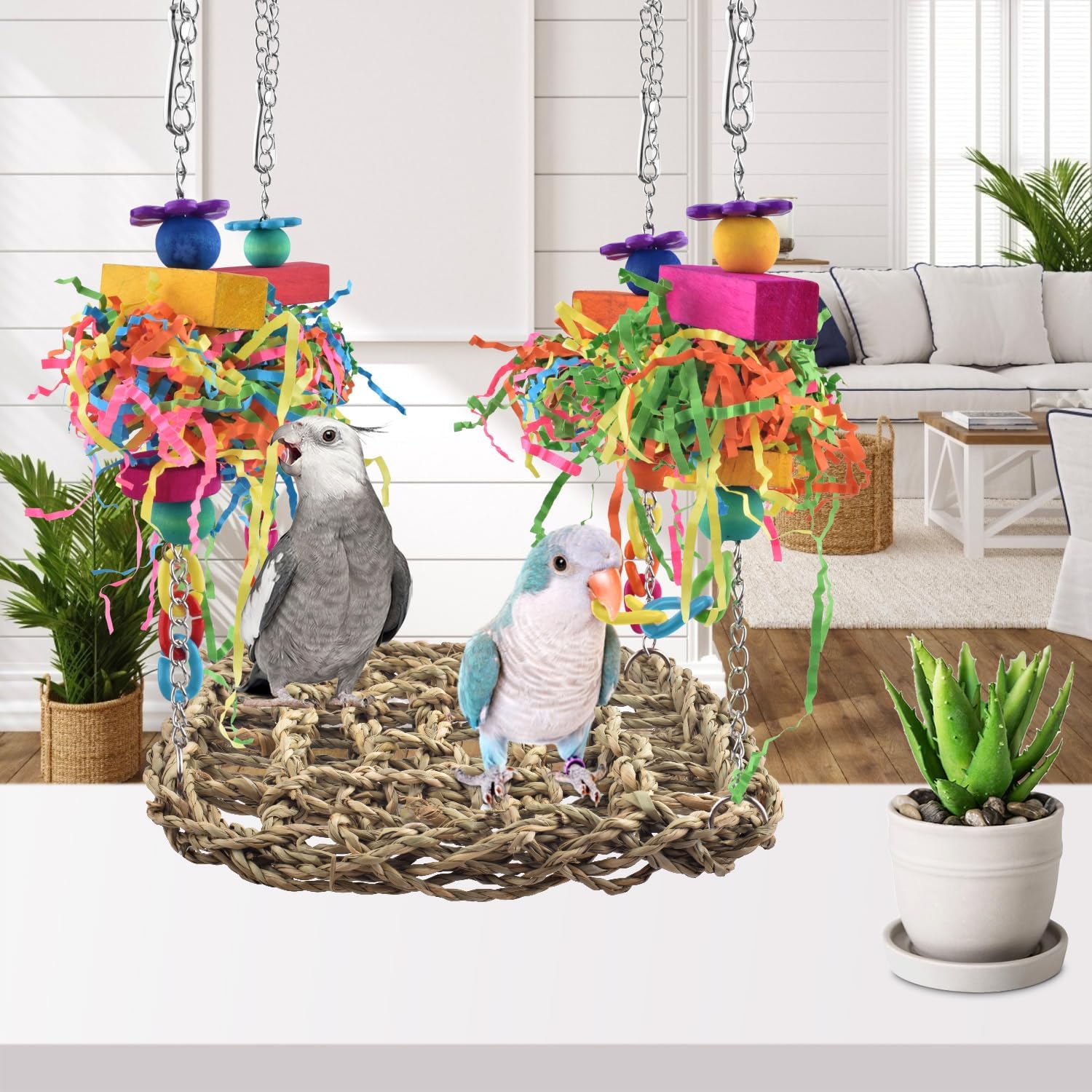 KATUMO Conure Toys, Bird Grass Swing Mat Parrot Climbing Hammock with Colorful Toys for Parakeet, Cockatiel, Sun Conure, Lovebird, Budgie, Small Birds - Image 6