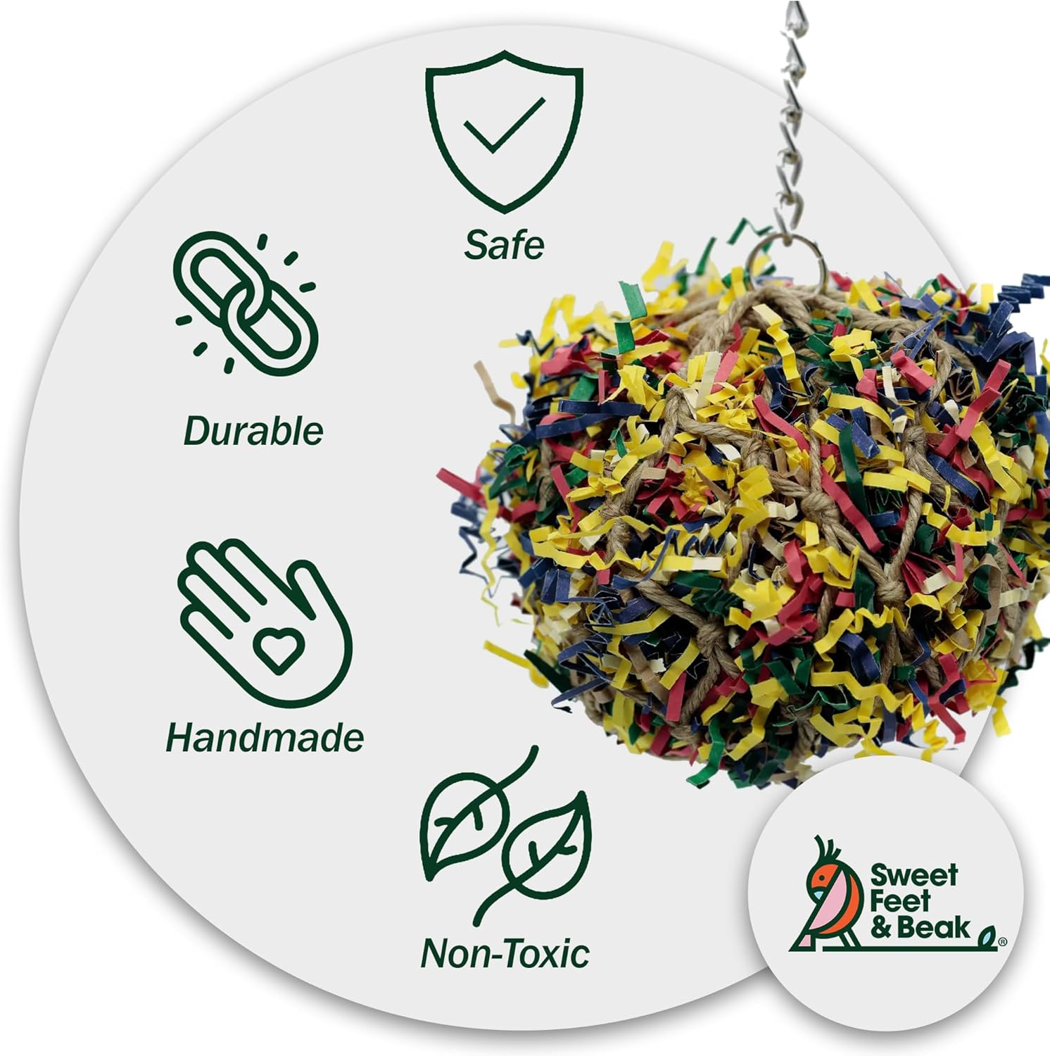 3u201D Super Shredder Ball Bird Toy - Fun Foraging Toys for Birds w/ Colorful Paper & Wooden Treasures - Easy to Hang Shredding Toys for Birds - Bird Shredding Toys for Cockatiels, Parrots & More - Image 3