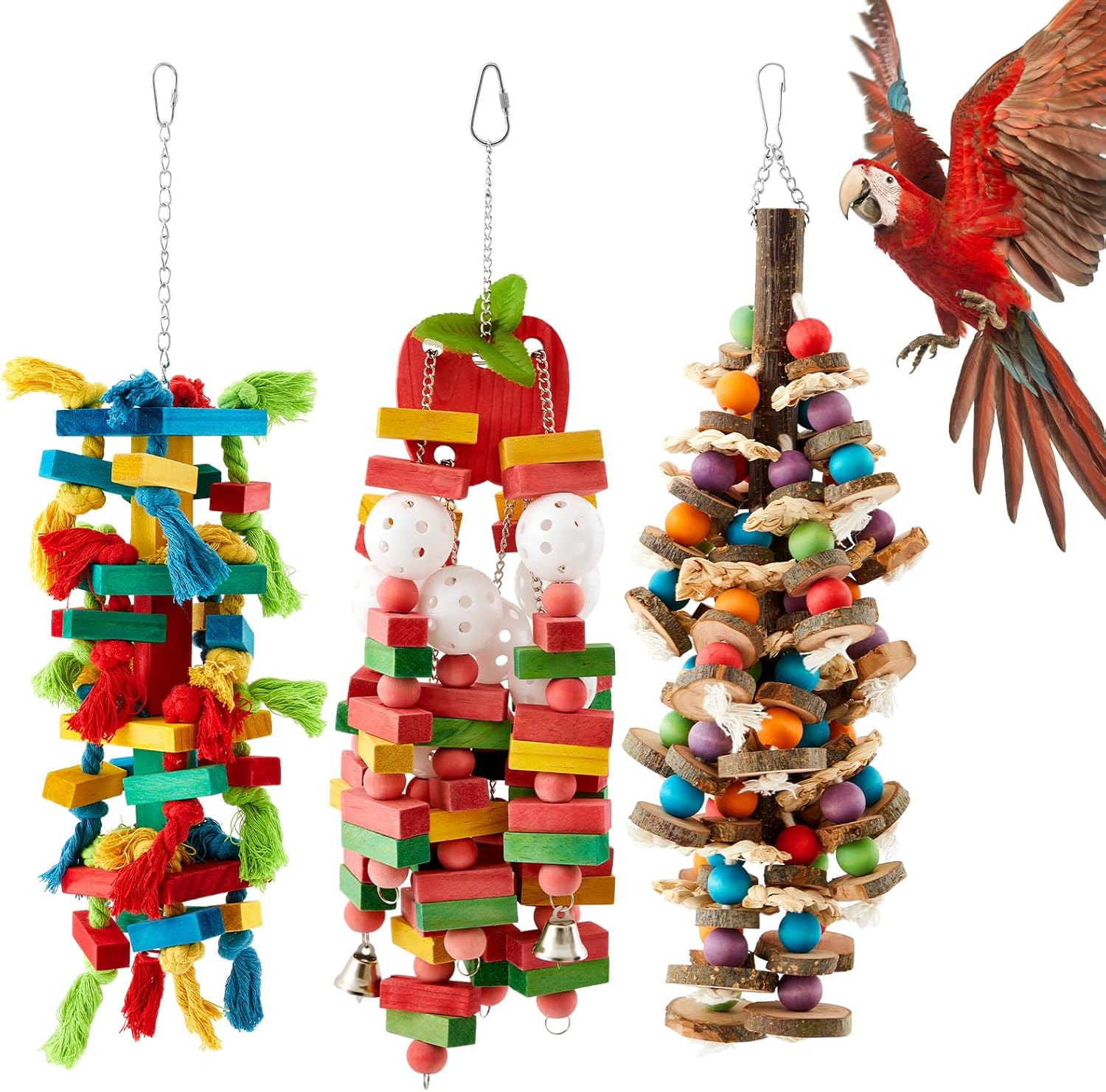 Seenelling 3 Pcs Extra Large Bird Parrot Toy Multicolored Natural Wooden Parrot Cage Chewing Toys for Large Medium Macaws Cockatoos African Grey Birds(Block and Ball)