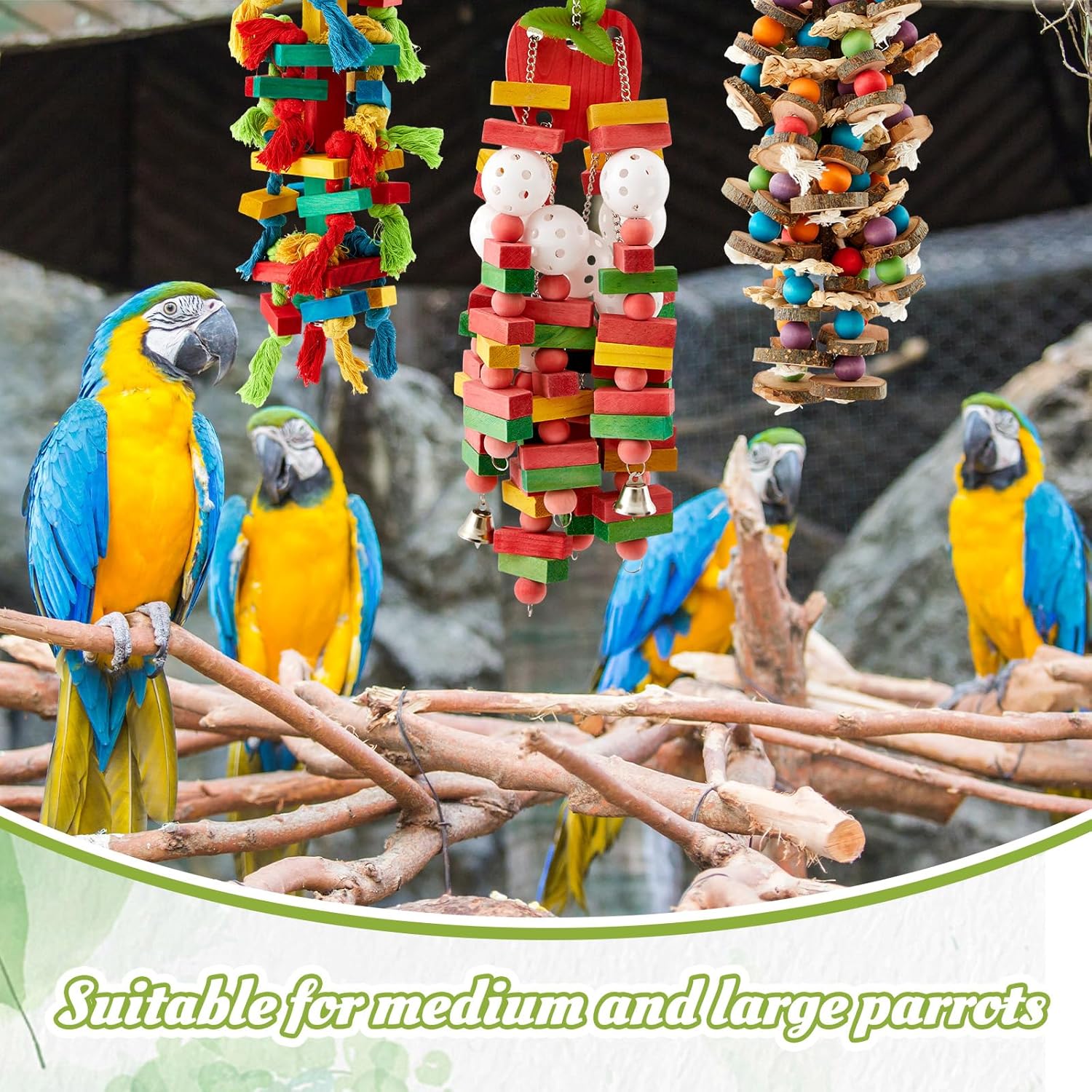 Seenelling 3 Pcs Extra Large Bird Parrot Toy Multicolored Natural Wooden Parrot Cage Chewing Toys for Large Medium Macaws Cockatoos African Grey Birds(Block and Ball) - Image 4