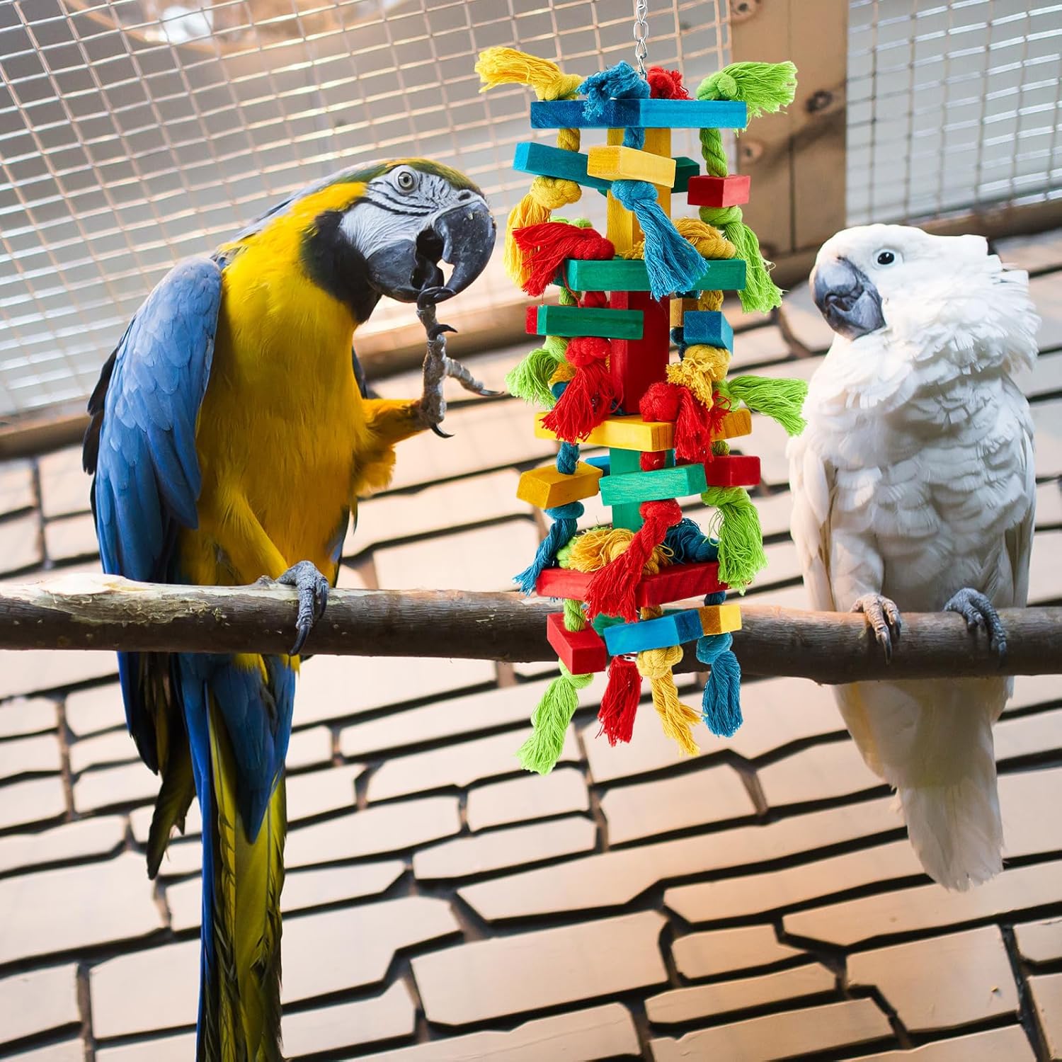 Seenelling 3 Pcs Extra Large Bird Parrot Toy Multicolored Natural Wooden Parrot Cage Chewing Toys for Large Medium Macaws Cockatoos African Grey Birds(Block and Ball) - Image 6