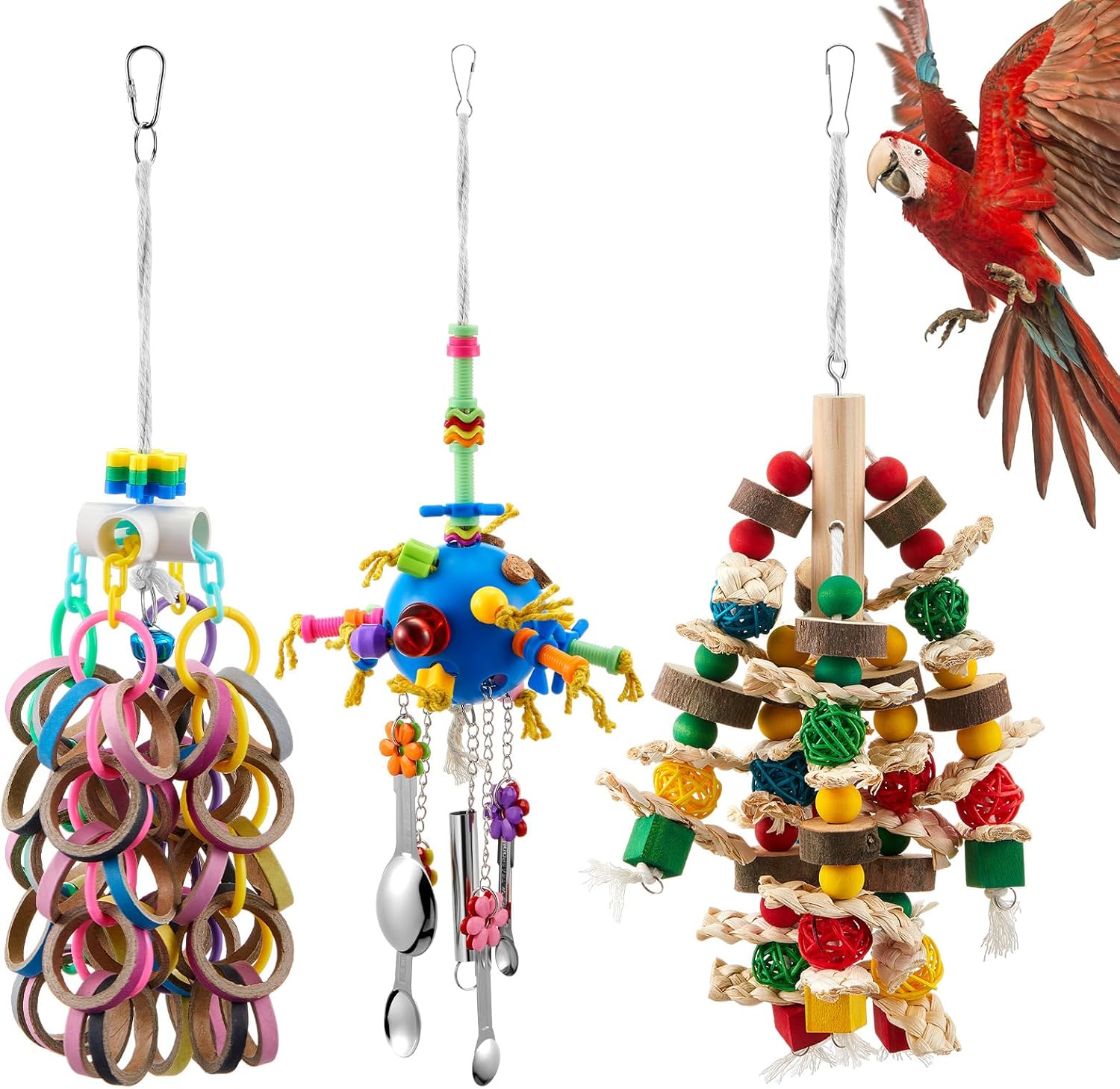 Seenelling 3 Pcs Extra Large Bird Parrot Toy Multicolored Natural Wooden Parrot Cage Chewing Toys for Large Medium Macaws Cockatoos African Grey Birds(Block and Ball) - Image 8