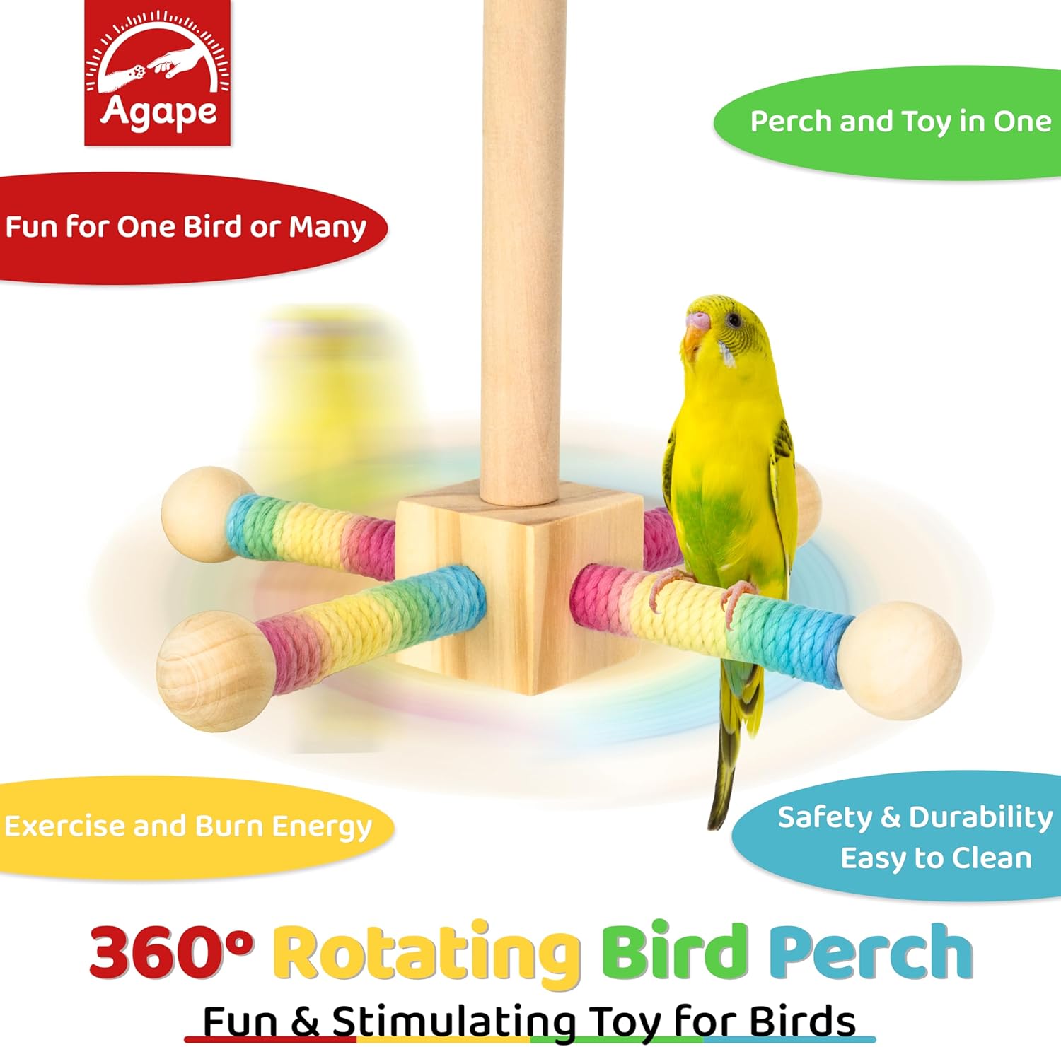 Agape Bird Toy, Parrot 360° Interactive Rotating Perch, Bird Cage Accessories for Small and Medium Parrots to Expend Energy, Wooden Stand for Parakeets Cockatiels Lovebirds Conures Finches Budgies - Image 2