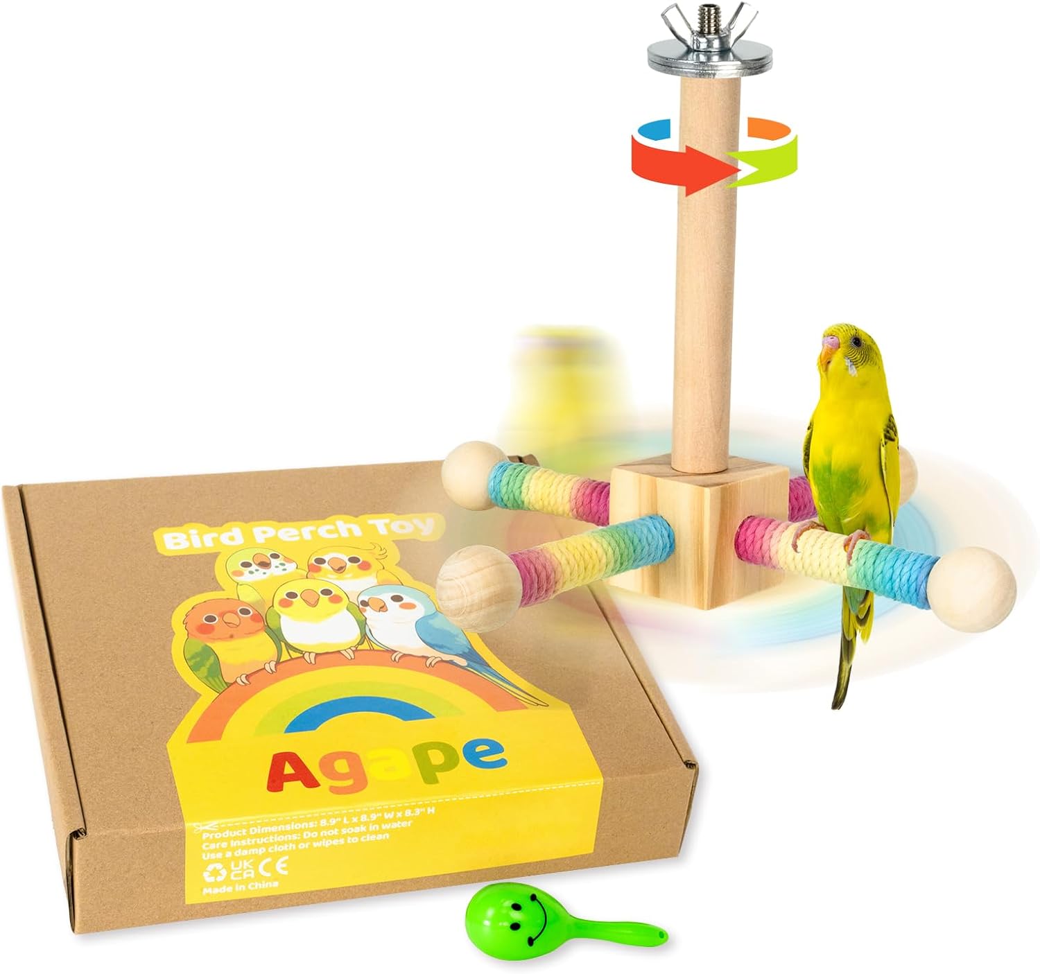 Agape Bird Toy, Parrot 360° Interactive Rotating Perch, Bird Cage Accessories for Small and Medium Parrots to Expend Energy, Wooden Stand for Parakeets Cockatiels Lovebirds Conures Finches Budgies - Image 7